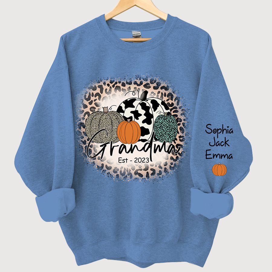 Happy Fall Leopard Pumpkin Grandma Est And Grandkids Autumn Sweatshirt