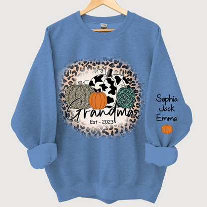 Happy Fall Leopard Pumpkin Grandma Est And Grandkids Autumn Sweatshirt