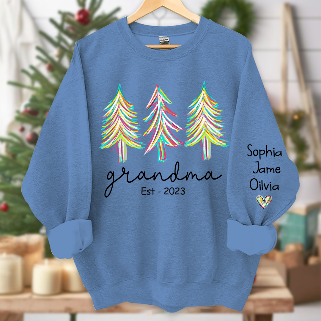 Grandma Est Christmas trees color paint And Grandkids Names Sweatshirt