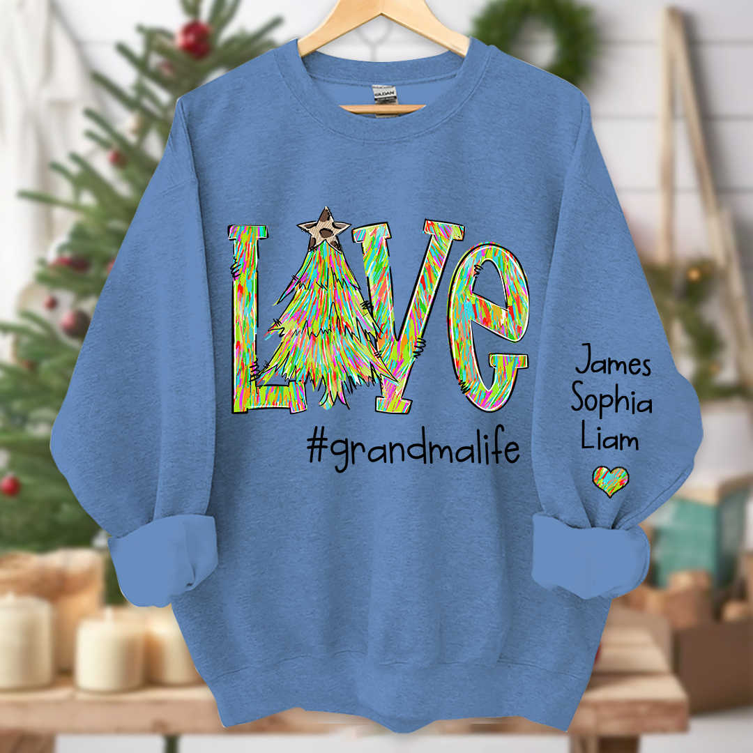 Love Tree Color Leopard Print Merry Christmas Grandmalife and Grandkids on sleeve Sweatshirt