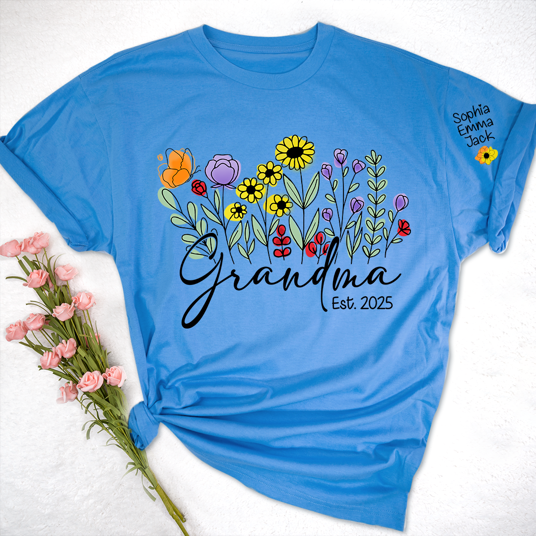 Grandma Est Flower Gift For Family T shirt, Custom Grandma And Kids