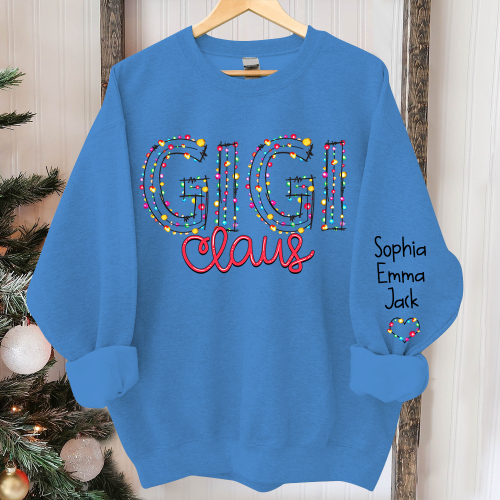 Personalized Gigi Claus Christmas lights And Grandkids Christmas Merry Sweatshirt