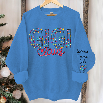 Personalized Gigi Claus Christmas lights And Grandkids Christmas Merry Sweatshirt