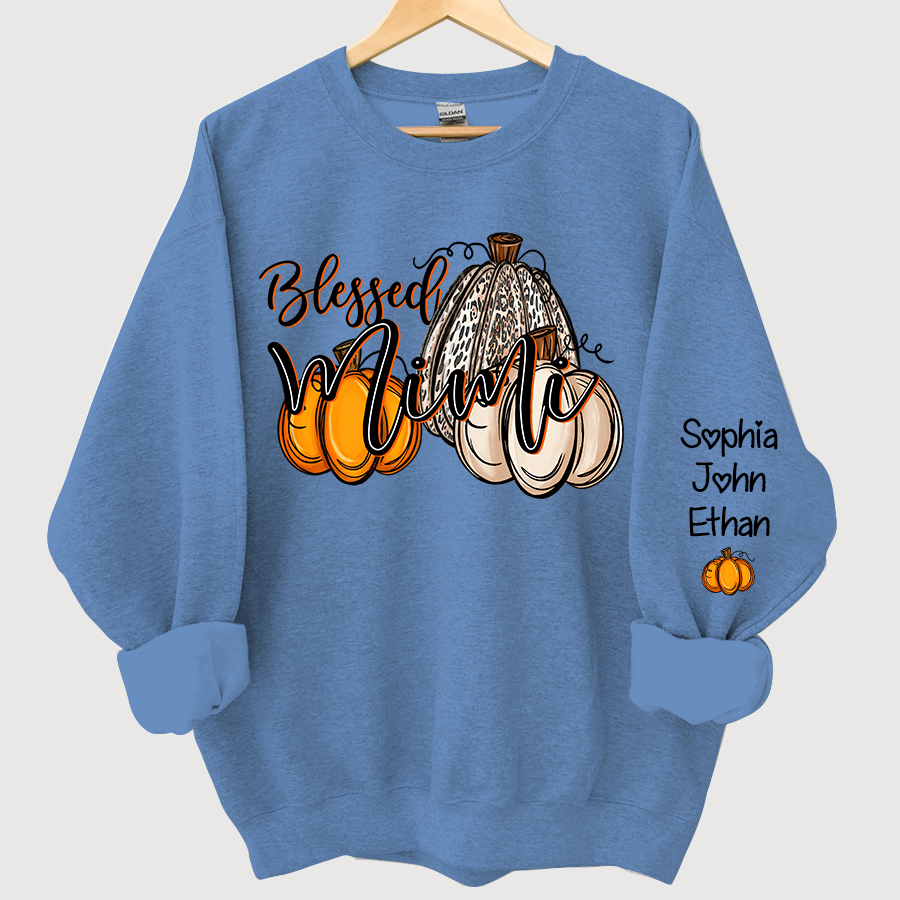 Blessed Mimi With Grandkids Names Thankful Fall Pumpkin Patch Sweatshirt