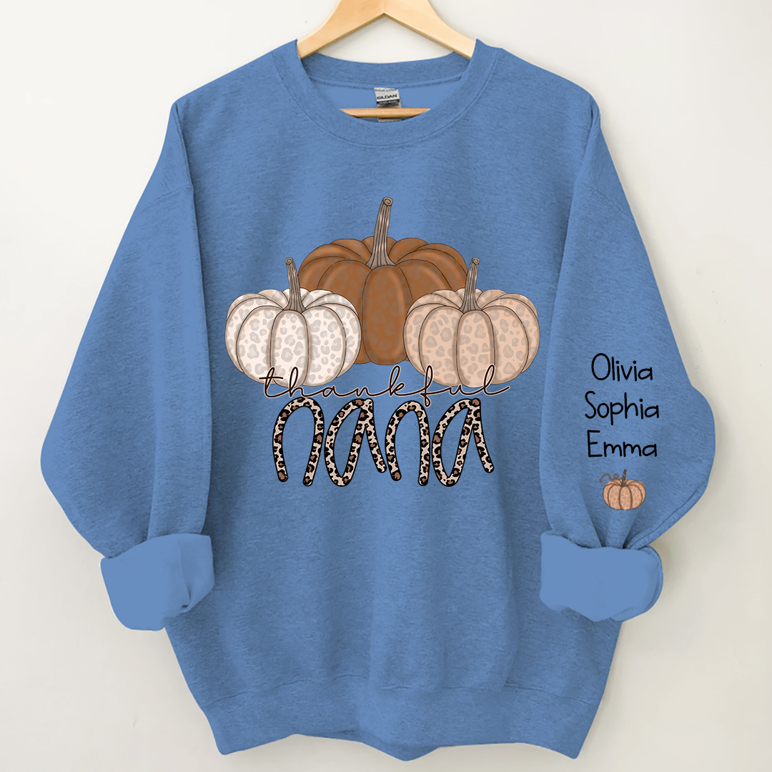Thankful Nana Pumpkin Leopard and Grandkids on sleeve Sweatshirt