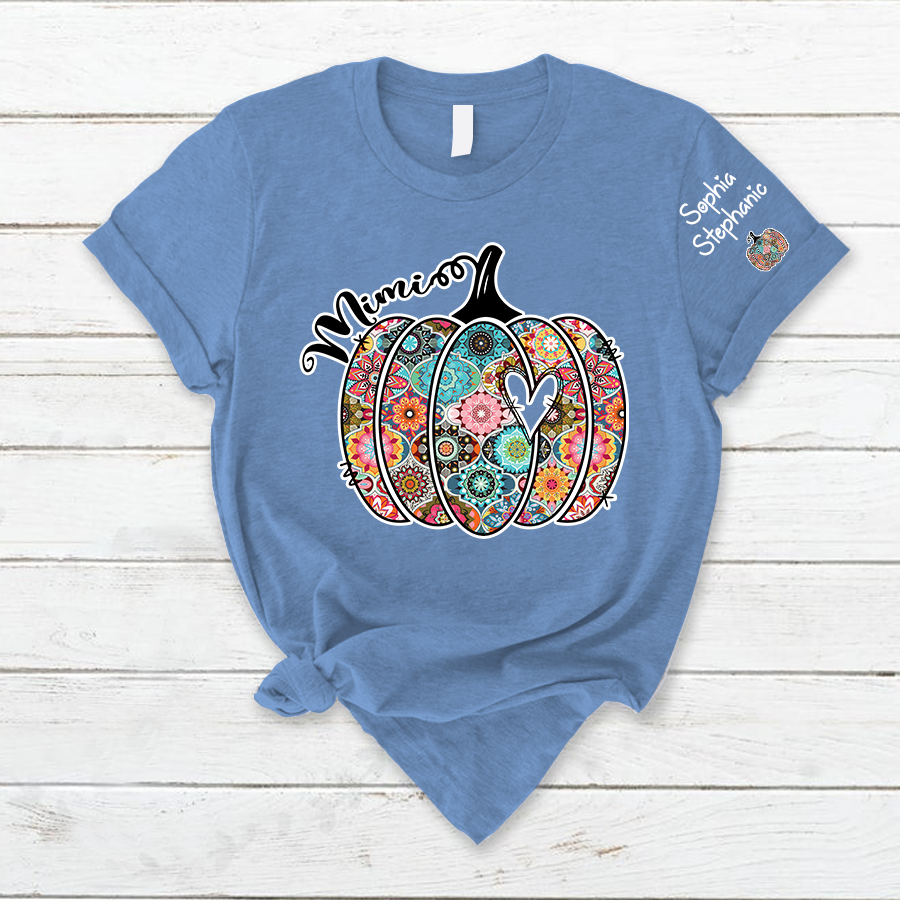 Personalized Mimi Pumpkin With Grandkids Flower T-Shirt