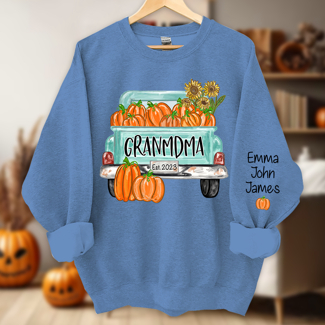 Grandma Truck with Pumpkins Flower Autumn And Grandkids Sweatshirt