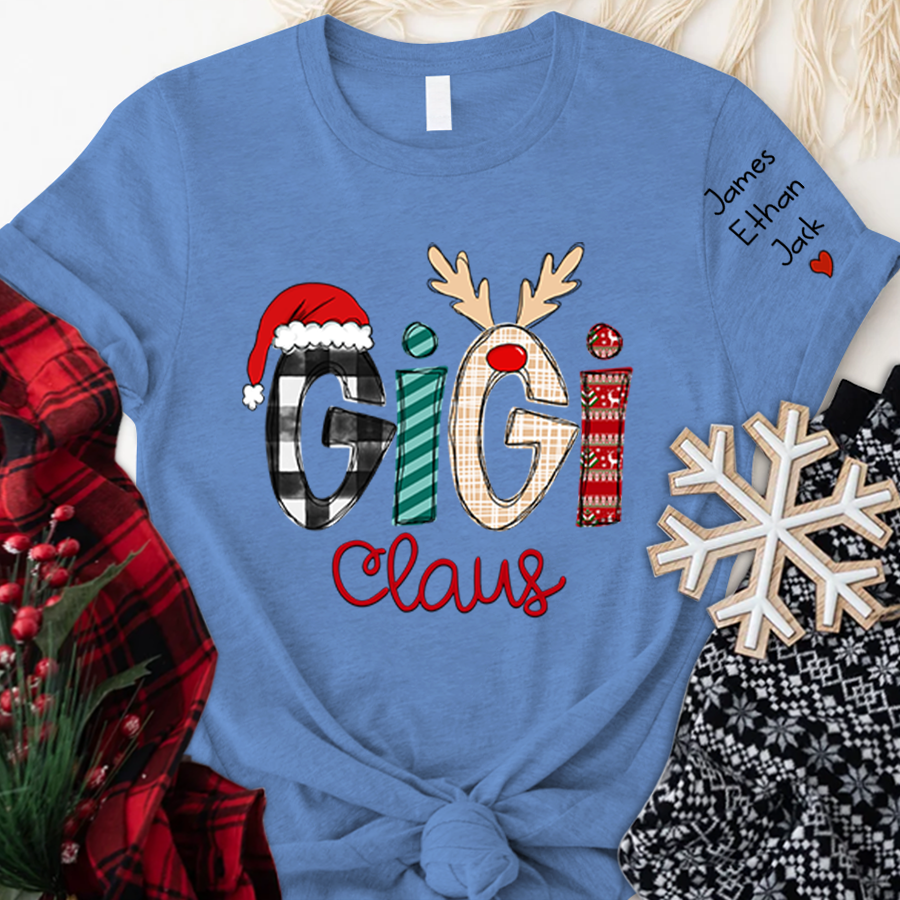 Personalized Gigi Claus Shirt With Names On Sleeve, Custom Grandma Mimi Nana Gigi Claus Christmas T-Shirt