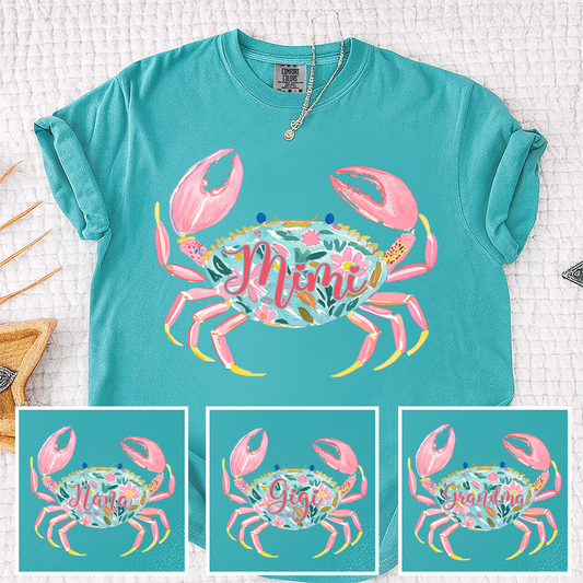 Comfort Colors® Personalized Mimi Crab Shirt, Custom Grandma Beach Shirt, Cute Floral Crab Summer Tee, Ocean Vacation Gift for Mimi Nana Gigi, Birthday Mothers Day Shirt