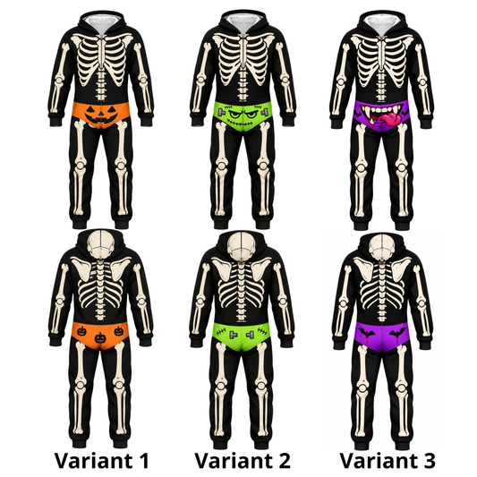Funny Halloween Skeleton Onesie – Men’s Bone Print Hooded Jumpsuit Costume