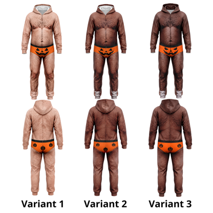 Funny Halloween Onesie Costume, Hairy Body Jumpsuit, Pumpkin Print Unisex Outfit
