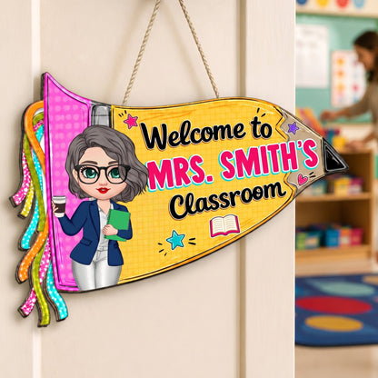 Pencil Pennant Flag Welcome To Teacher Classroom - Personalized Door Hanger