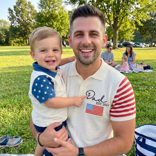 Personalized American Flag Embroidered Knit Polo, Custom Name Sweater Shirt, Patriotic USA Apparel For Men