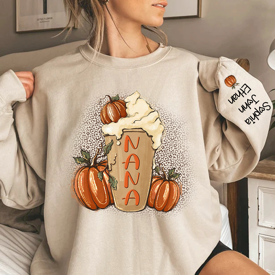 Personalized Nana Latte With Pumpkin Grandkids Fall Latte Coffie Sweatshirt