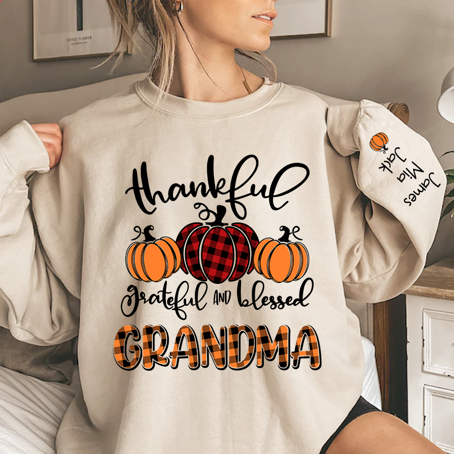 Personalized Thankful Grateful Blessed Grandma Fall Autumn Sweatshirt