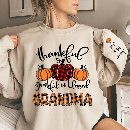 Personalized Thankful Grateful Blessed Grandma Fall Autumn Sweatshirt