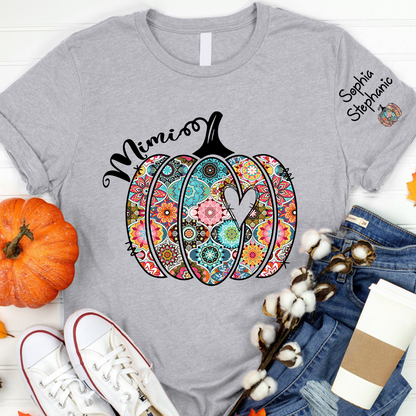 Personalized Mimi Pumpkin With Grandkids Flower T-Shirt