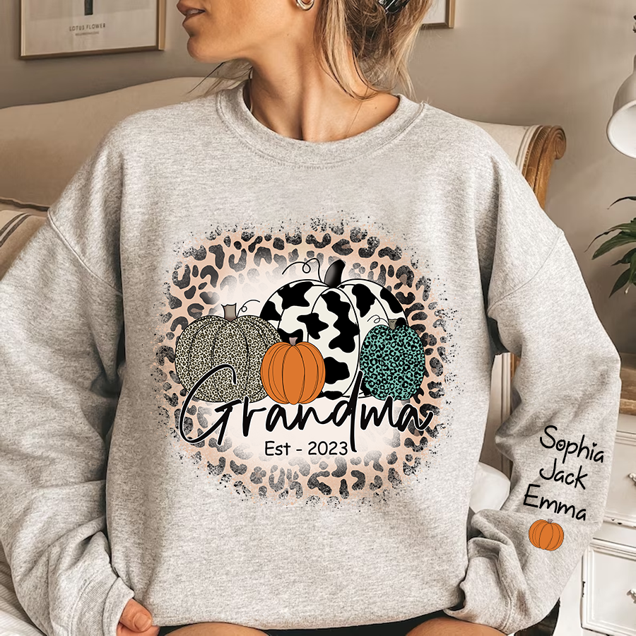Happy Fall Leopard Pumpkin Grandma Est And Grandkids Autumn Sweatshirt