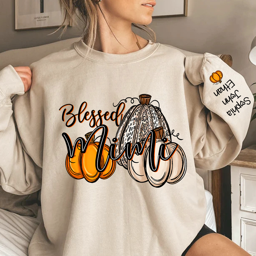 Blessed Mimi With Grandkids Names Thankful Fall Pumpkin Patch Sweatshirt