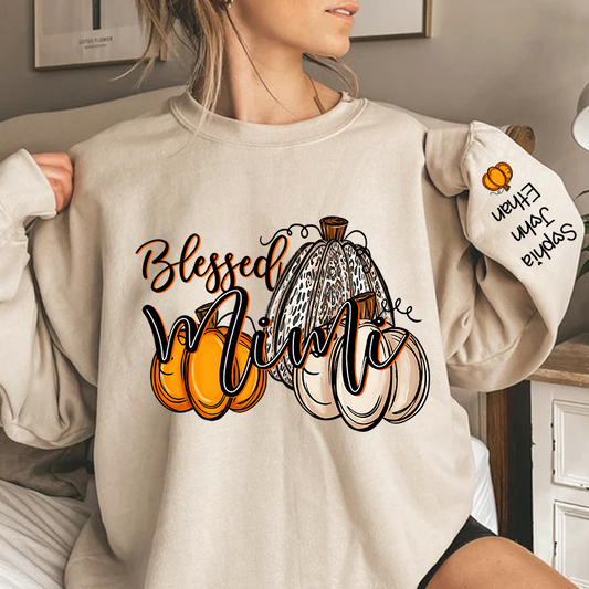 Blessed Mimi With Grandkids Names Thankful Fall Pumpkin Patch Sweatshirt