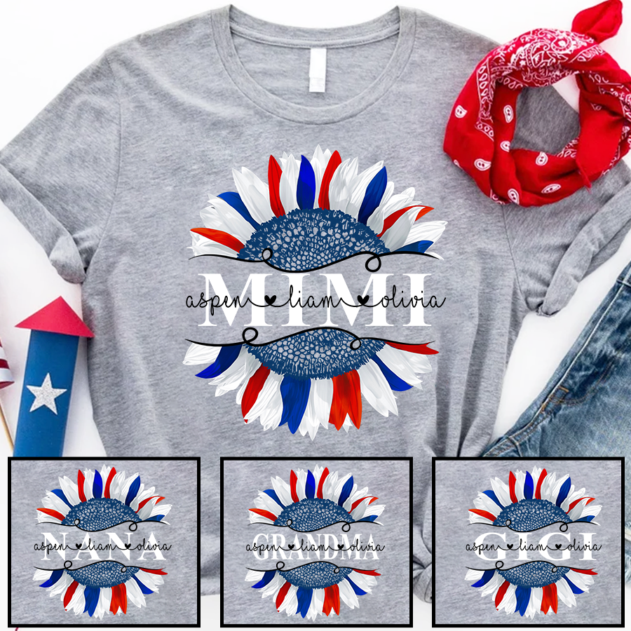 Personalized Mimi And Grandkids Sunflower Flag American T-Shirt
