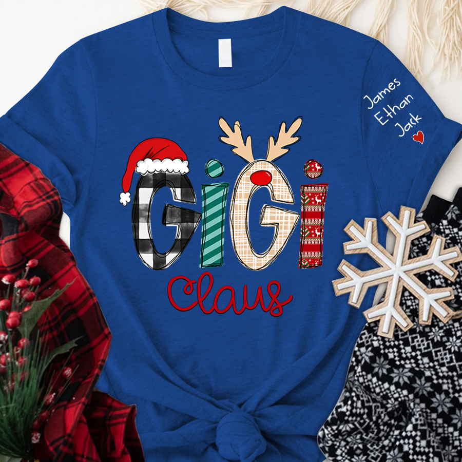 Personalized Gigi Claus Shirt With Names On Sleeve, Custom Grandma Mimi Nana Gigi Claus Christmas T-Shirt