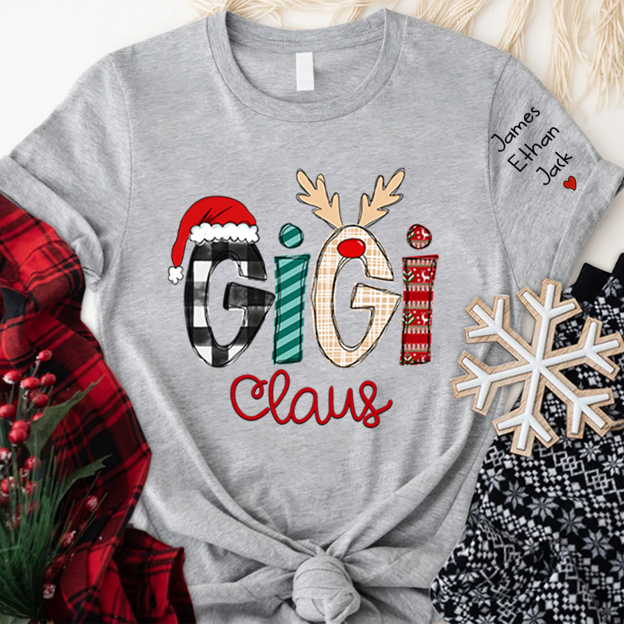 Personalized Gigi Claus Shirt With Names On Sleeve, Custom Grandma Mimi Nana Gigi Claus Christmas T-Shirt