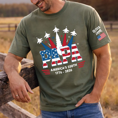 Papa Grandpa Dad America Flag Custom, 250th Anniversary USA Patriotic Fighter Jet Gift T- Shirt