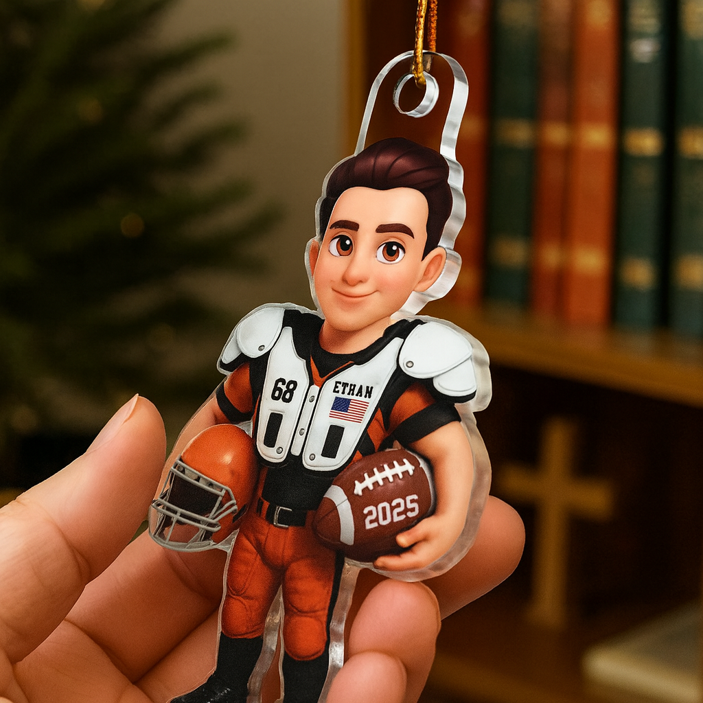 Personalized 3D Football Player Ornament – Custom Acrylic Design, Perfect Christmas Gift for Football Lovers & Family Ornament
