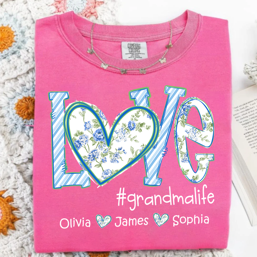 Love grandmalife Personalized Grandma Shirt - Floral Print Comfort Colors Tee - Custom Grandmother Gift with Grandkids' Names