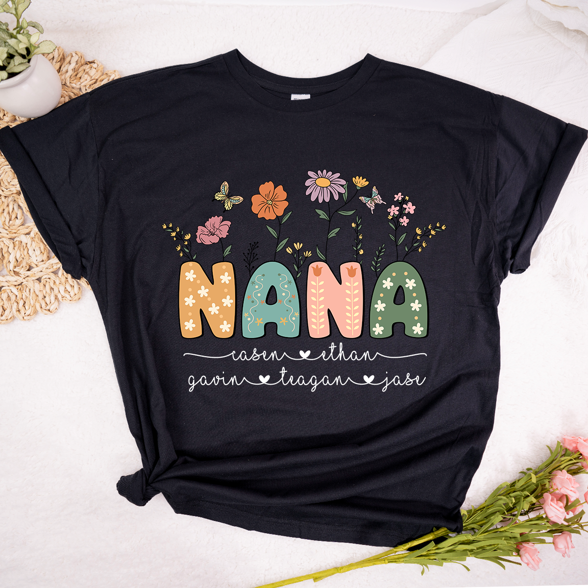 Personalized Floral Nana Shirt, Custom Grandma With Grandkids Mothers Day Gift T-Shirt