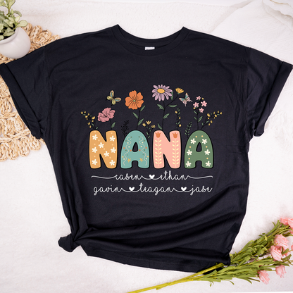Personalized Floral Nana Shirt, Custom Grandma With Grandkids Mothers Day Gift T-Shirt