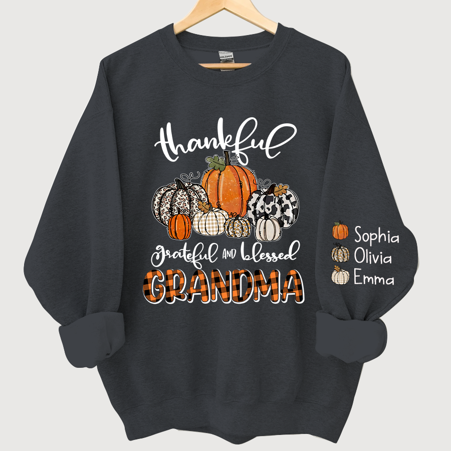 Personalized Thankful Grateful Blessed Grandma And Grandkids Autumn Sweatshirt