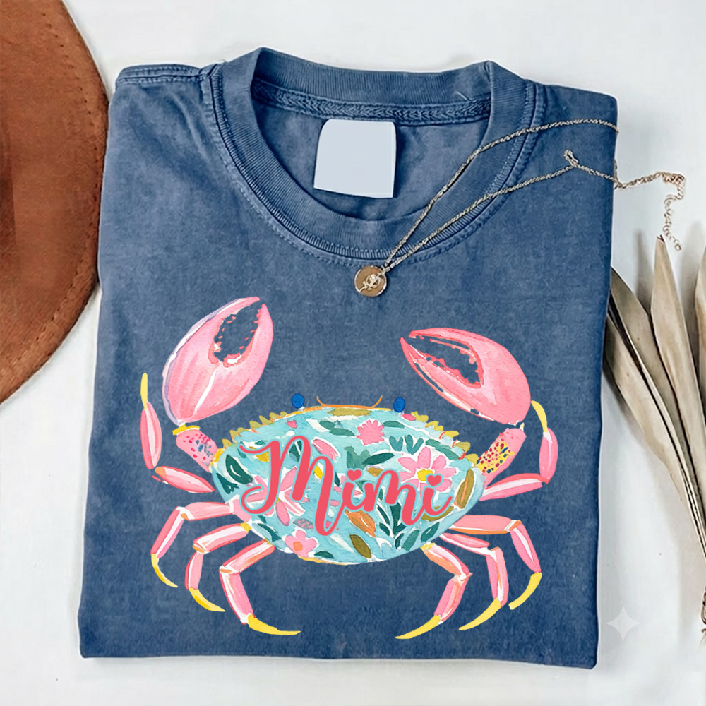Comfort Colors® Personalized Mimi Crab Shirt, Custom Grandma Beach Shirt, Cute Floral Crab Summer Tee, Ocean Vacation Gift for Mimi Nana Gigi, Birthday Mothers Day Shirt