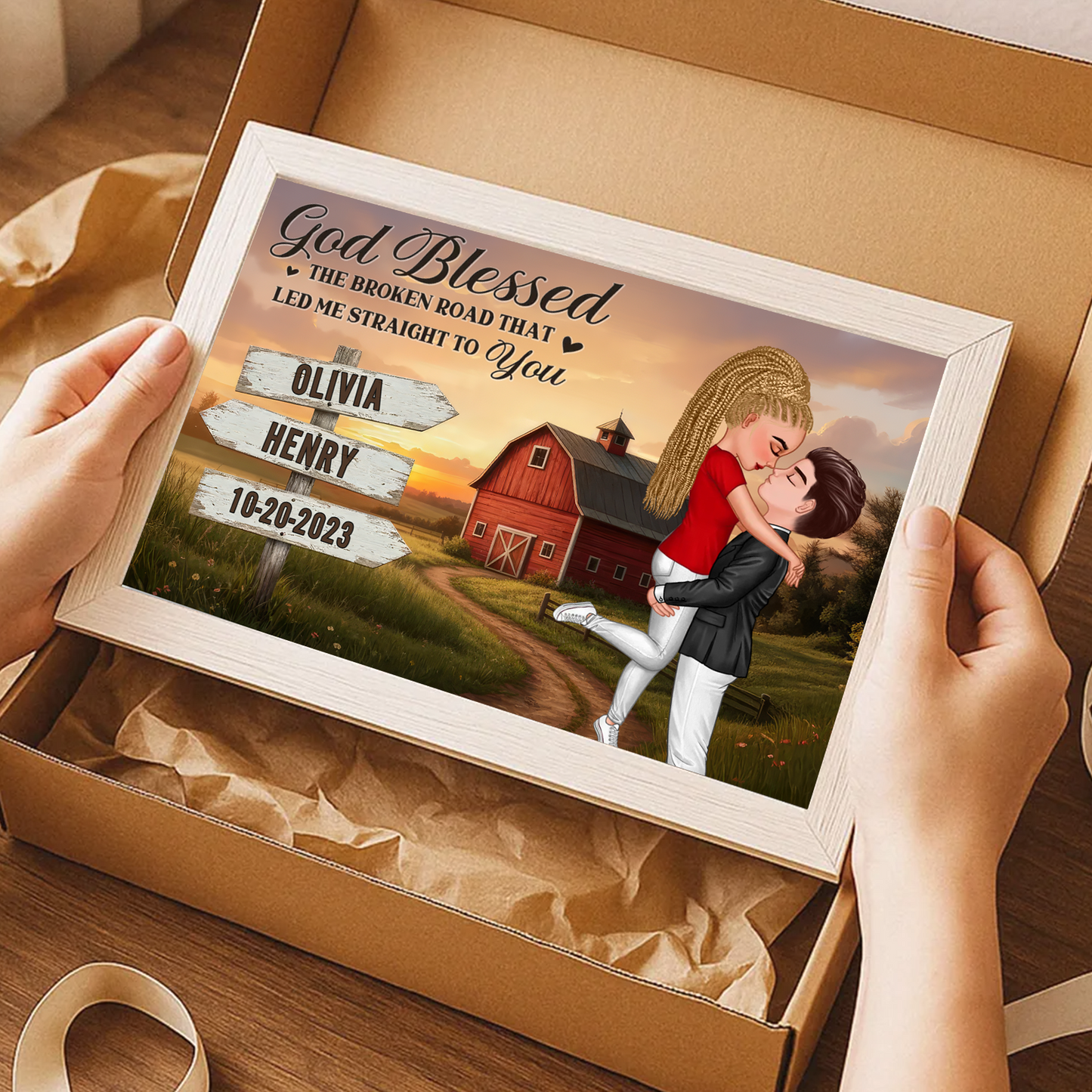 Custom Rustic Red Barn Couple Hugging Kissing, Nostalgia Poster Farmhouse Decor, Valentine Anniversary Gift