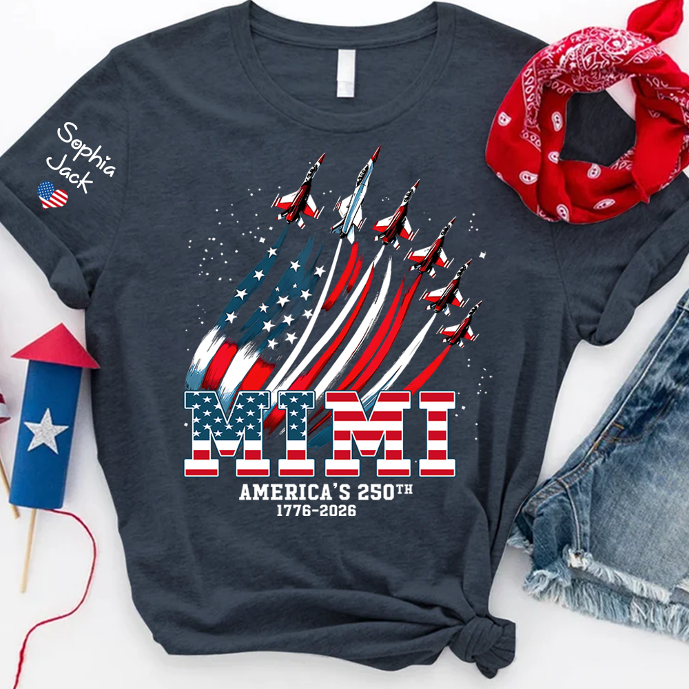 Personalized Mimi America’s 250th Anniversary Shirt, Custom Grandma Nana Gigi Patriotic T Shirt, USA Flag 4th of July Family Apparel