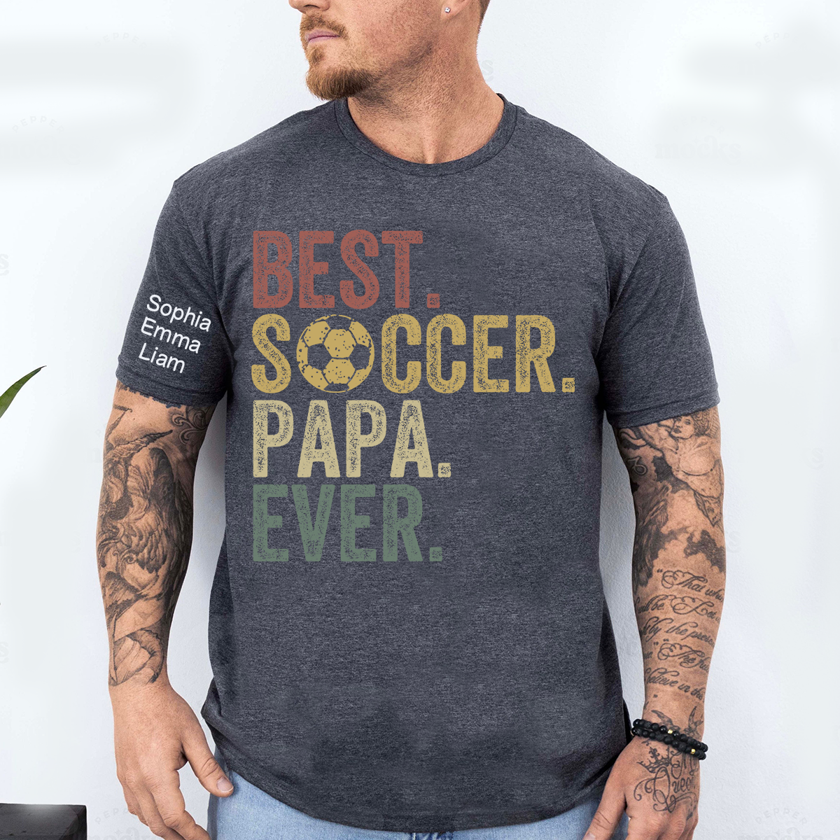 Personalized Best Soccer Papa Ever Shirt, Custom Kids Names Sleeve, Soccer Dad Grandpa Shirt for Father’s Day Birthday