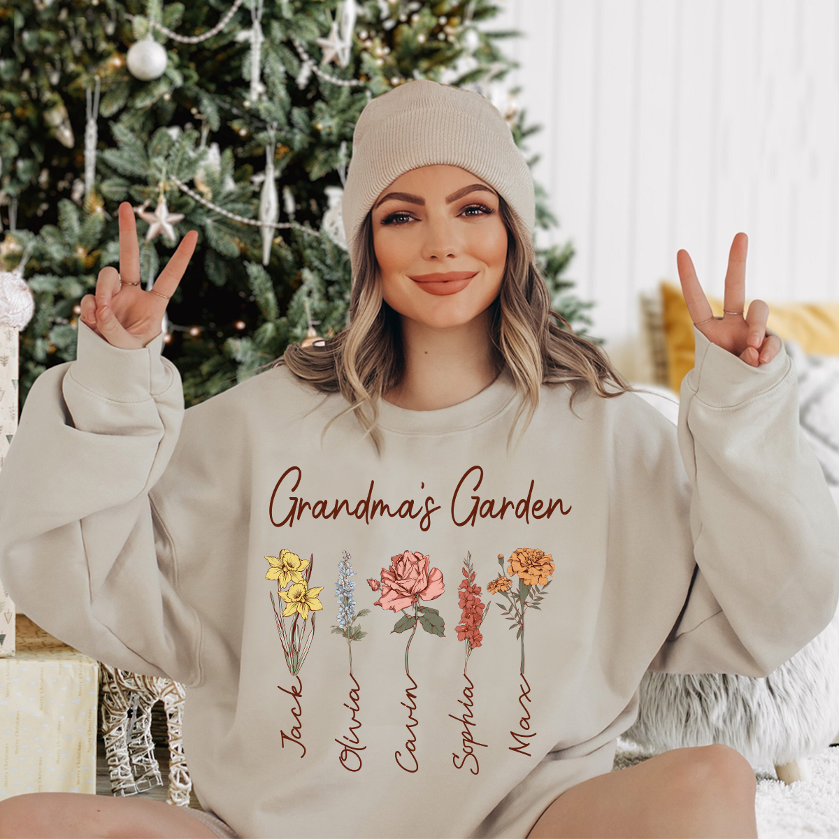 Personalized Grandma’s Garden Sweatshirt – Custom Grandkids Name Flower Sweater – Christmas Gift for Grandma, Gigi, Nana, Mimi