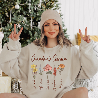 Personalized Grandma’s Garden Sweatshirt – Custom Grandkids Name Flower Sweater – Christmas Gift for Grandma, Gigi, Nana, Mimi