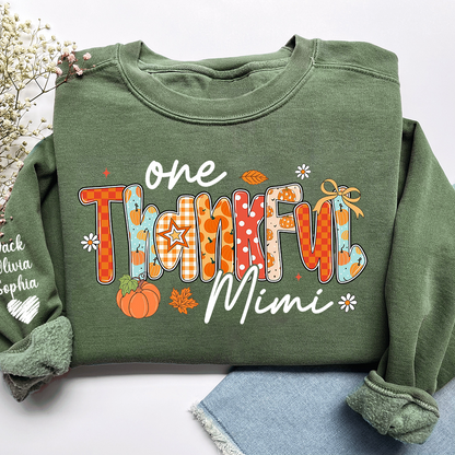 Personalized One Thankful Mimi Sweatshirt – Fall Pumpkin Design with Grandkids’ Names on Sleeve
