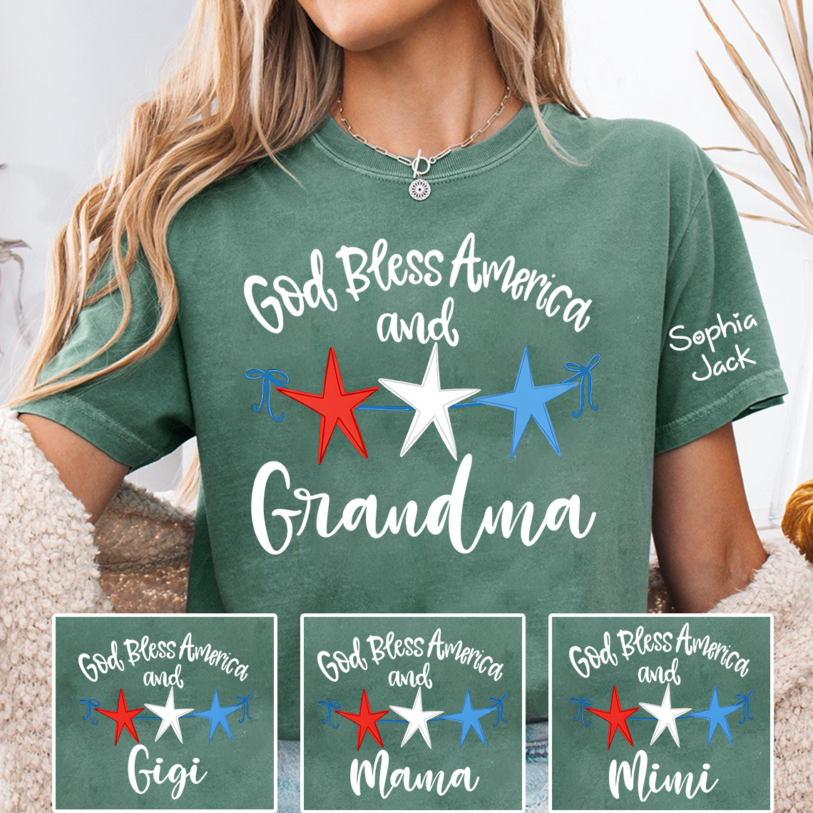 Personalized Custom God Bless America And Grandma T-shirt with Stars Design, Grandma Gigi Mama Mimi Shirt for 4th of July, Patriotic Gift for Mother's Day