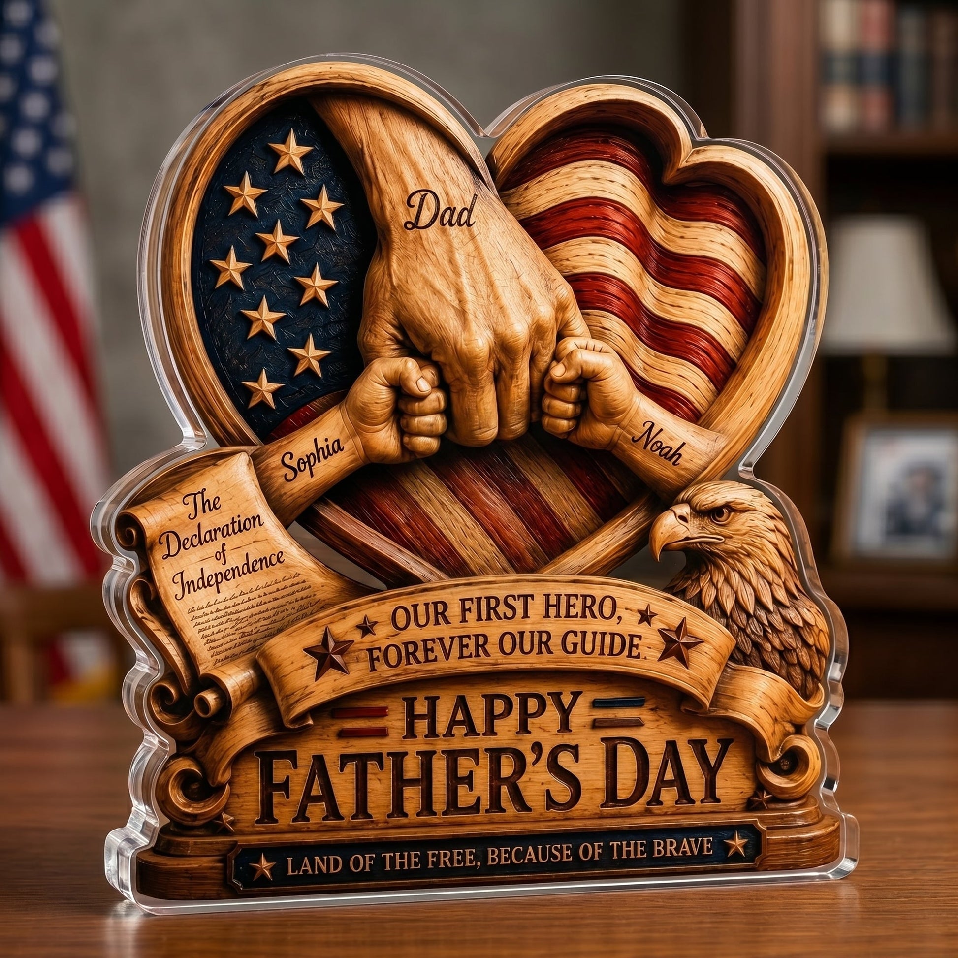 Personalized Father’s Day and America Anniversary Acrylic Plaque – Custom Dad & Child Hand Holding Keepsake