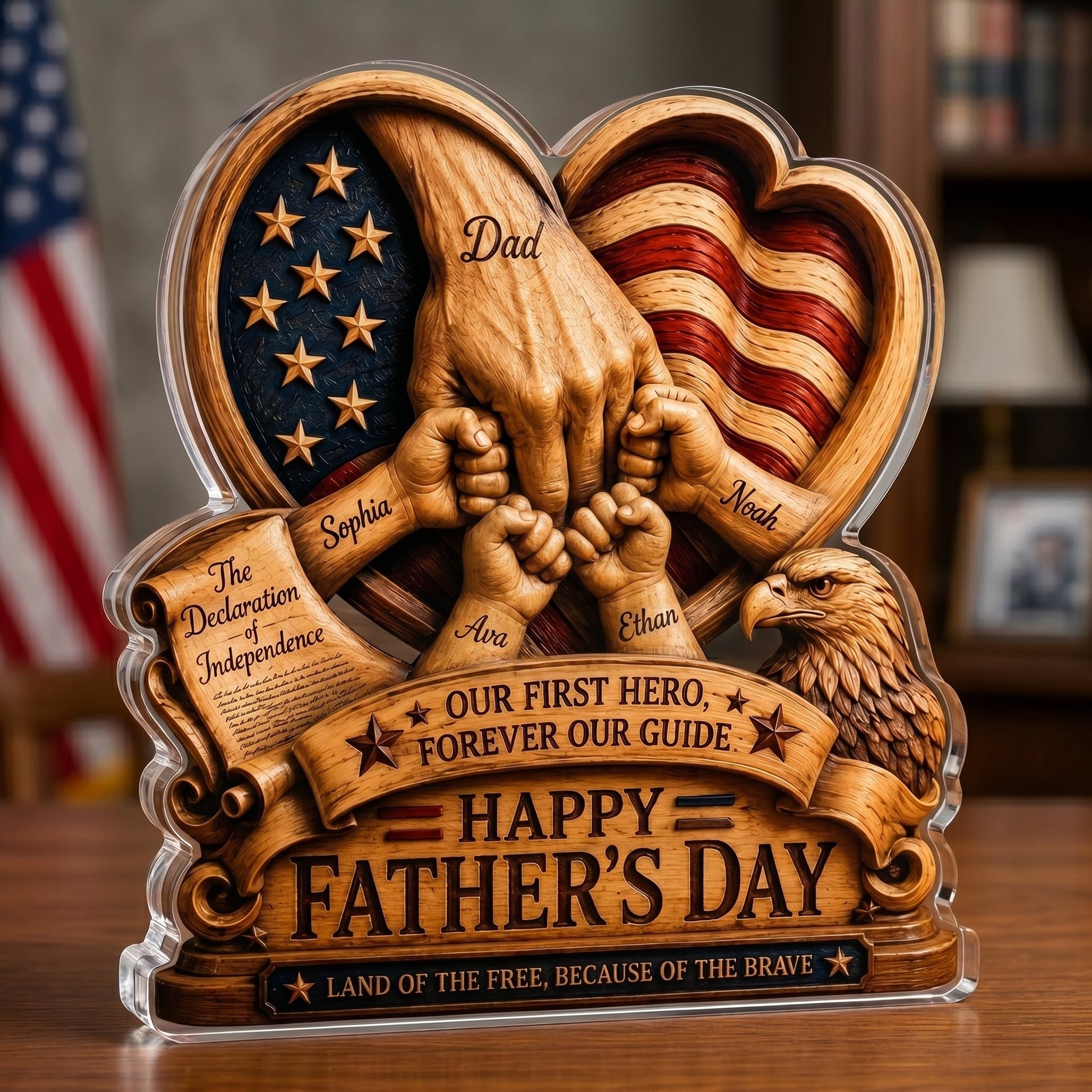 Personalized Father’s Day and America Anniversary Acrylic Plaque – Custom Dad & Child Hand Holding Keepsake