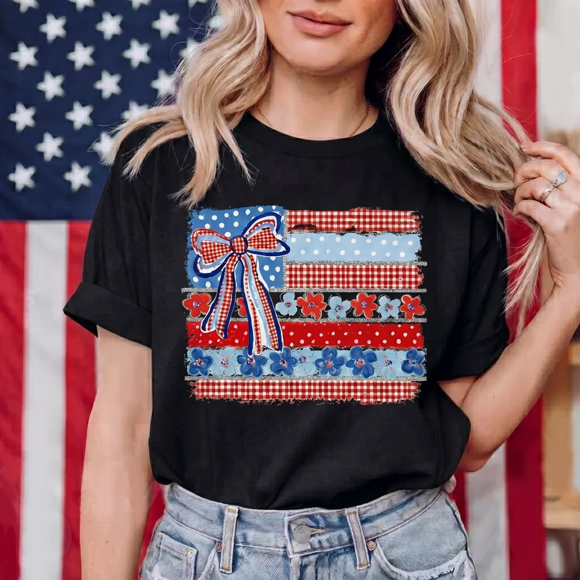 The Patriotic Coquette Bow USA Flag Graphic TShirt