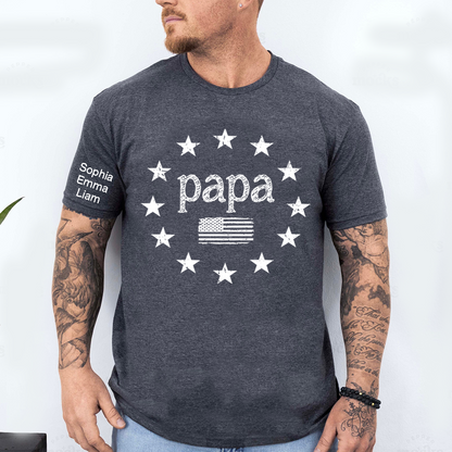 Personalized Papa American Flag Shirt with Kids Names on Sleeve, Custom Grandpa Patriotic Tee for Father’s Day, Gift for Papa Dad Grandfather