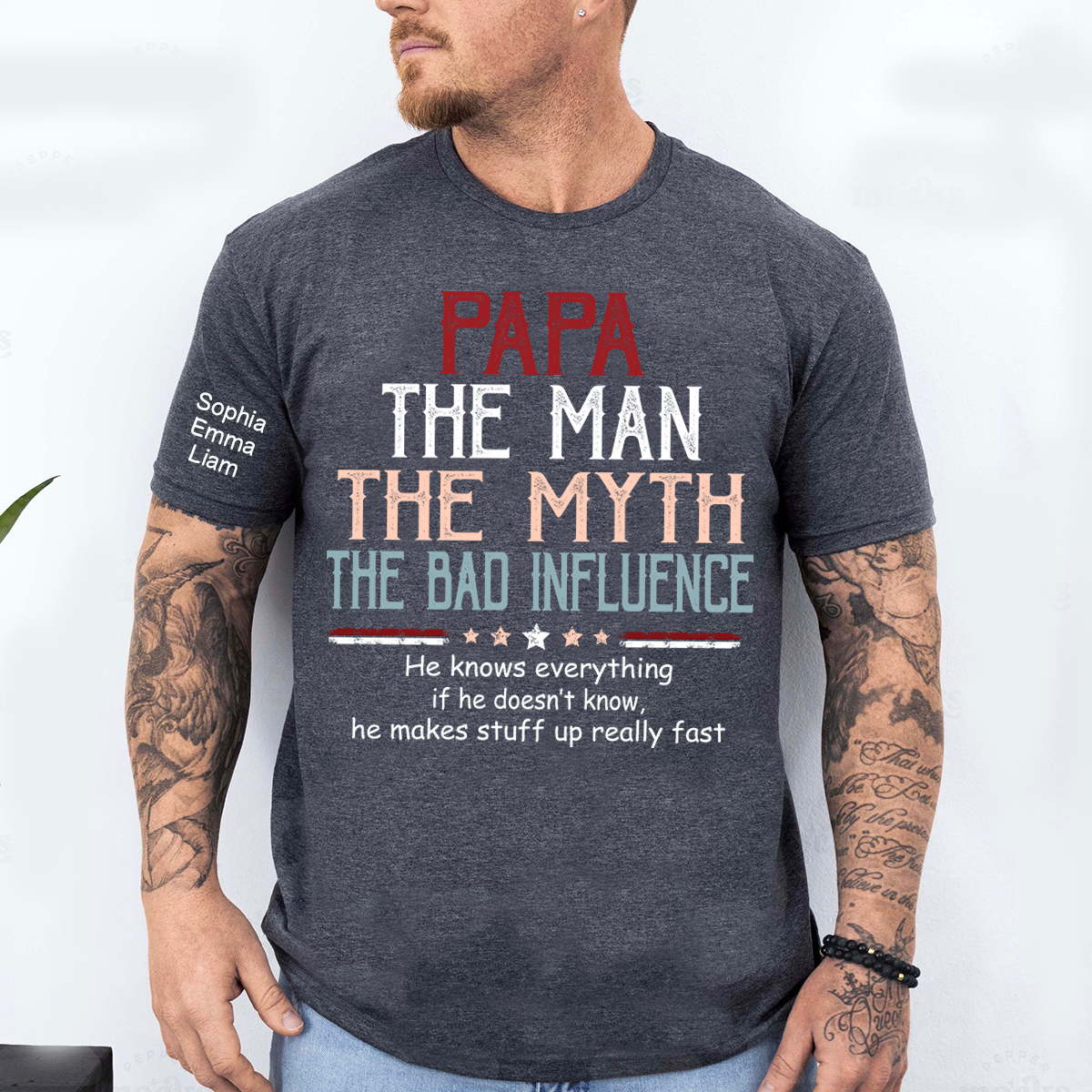 Personalized Papa The Man The Myth The Dad Influence Shirt, Custom Kids Names Sleeve Tee for Grandpa Dad Father Birthday Gift