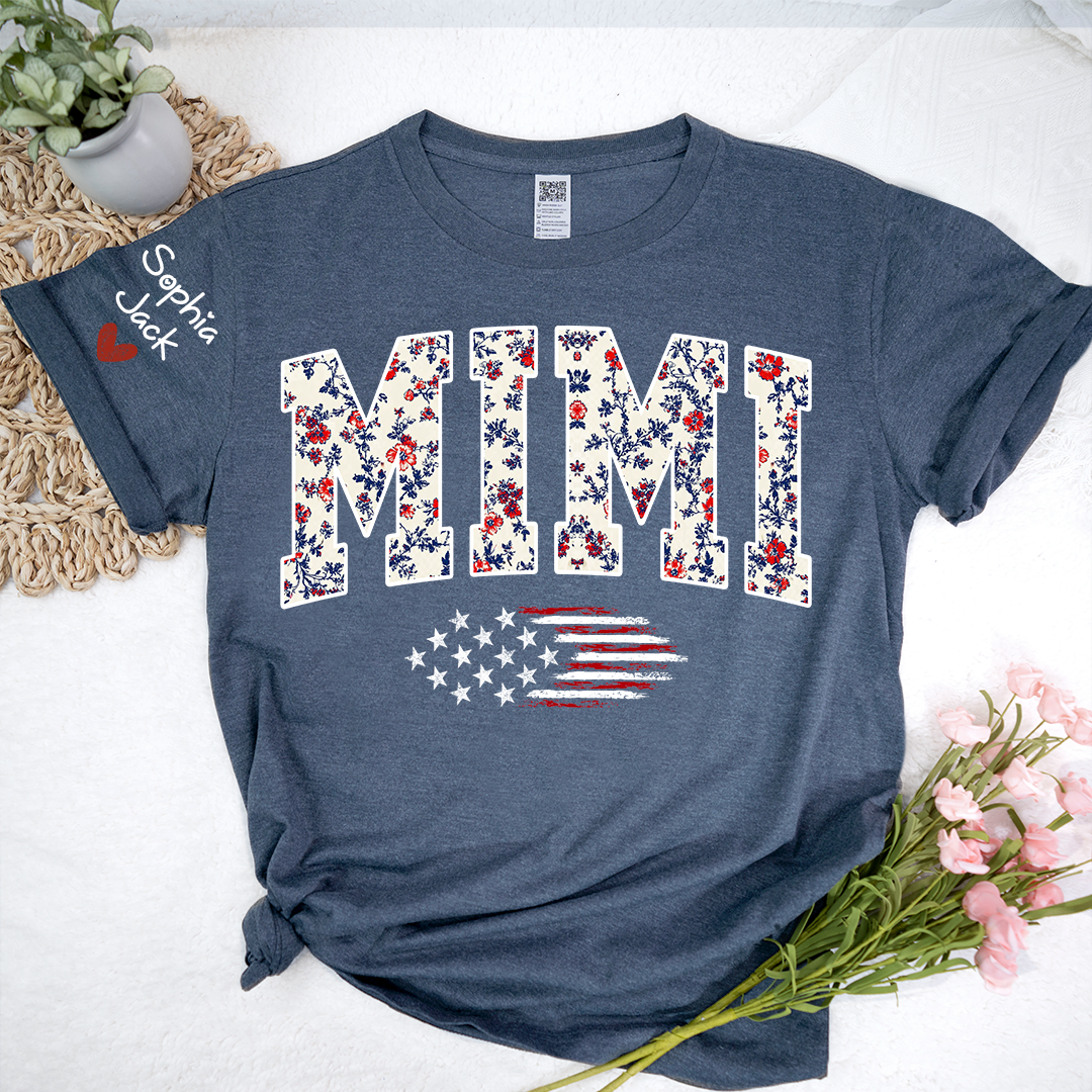 Personalized Floral Mimi Flag American T-shirt - Custom Family Nickname Shirt with USA Flag Design for 4th of July, Perfect for Nana, Gigi, Grandma