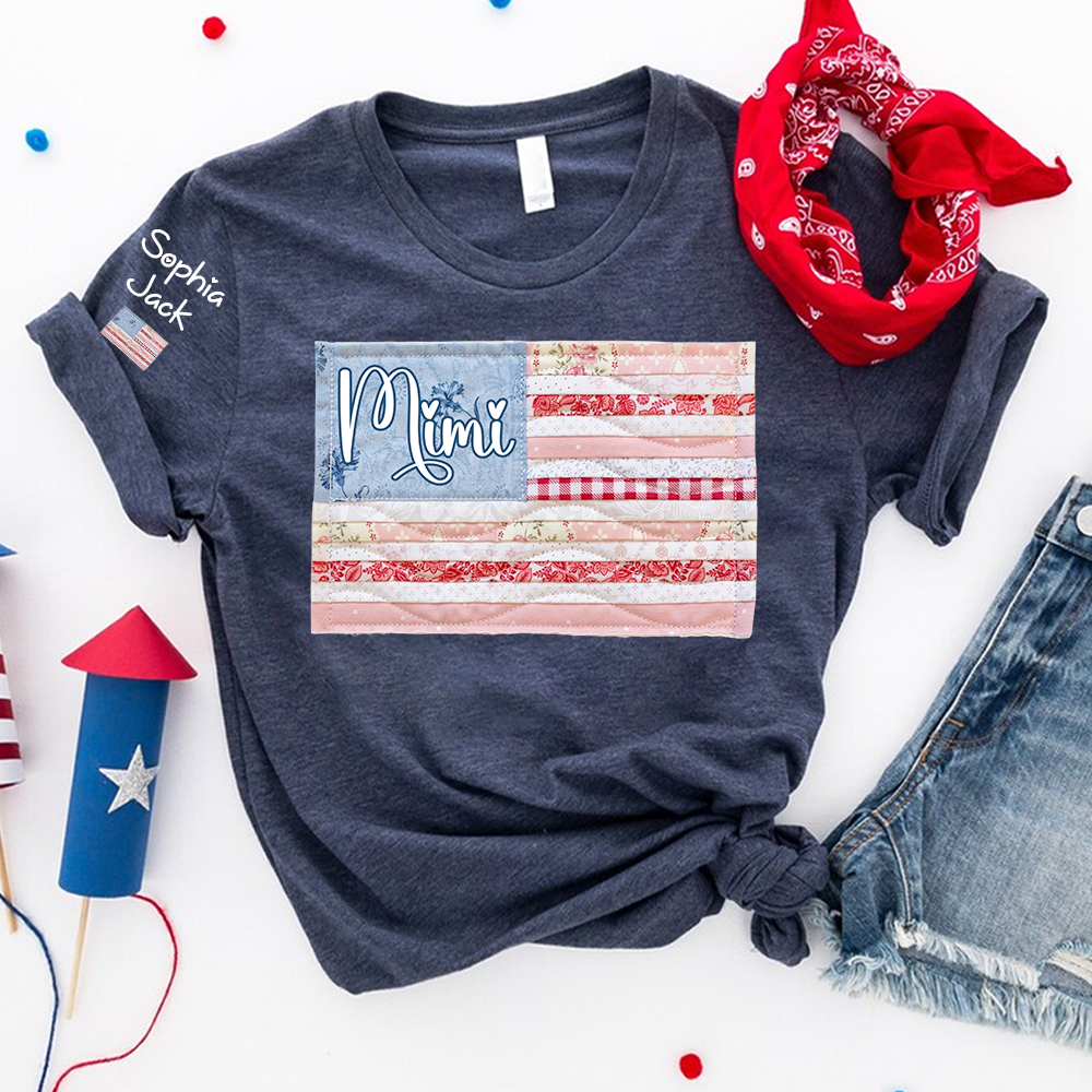 Personalized Mimi Patriotic Patchwork Flag Shirt with Custom Kids Names on Sleeve, Vintage Family Grandma Tee for Women, 4th of July Birthday Shirt