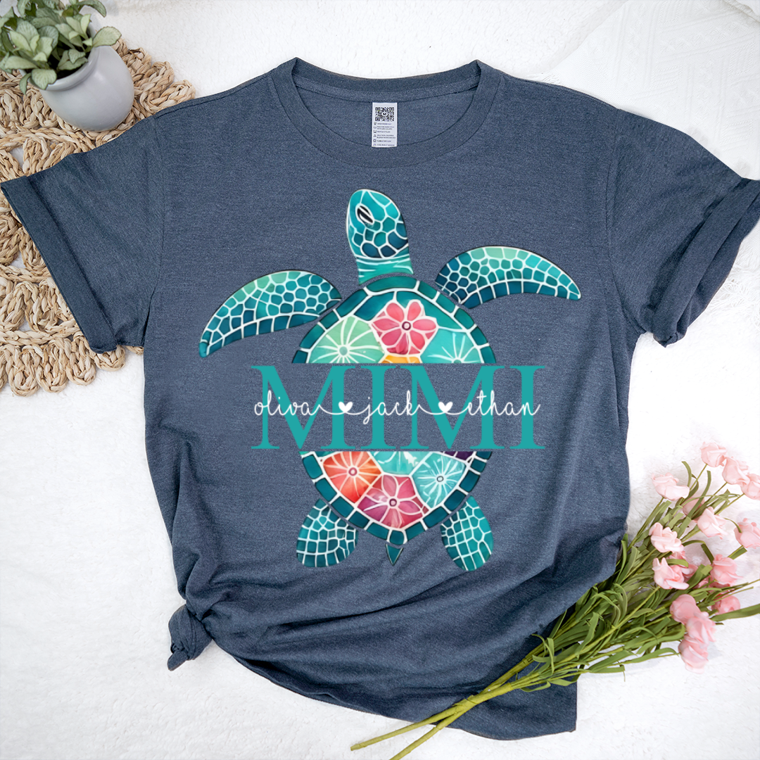 Personalized Mimi Sea Turtle Shirt, Custom Kids Names Floral Tee, Custom Family Names Gift for Grandma Shirt