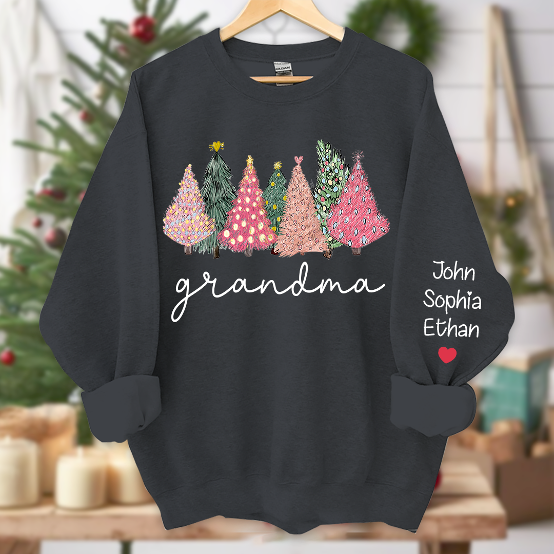 Grandma Christmas trees lights snow pink green cozy winter And Grandkids Names  Sweatshirt